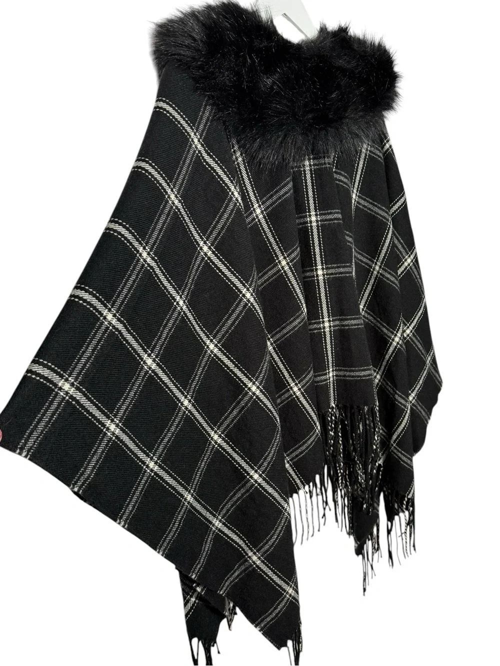 J.Crew Black White Plaid Faux Fur Cape Scarf Fringe One Size Windowpane Wrap
